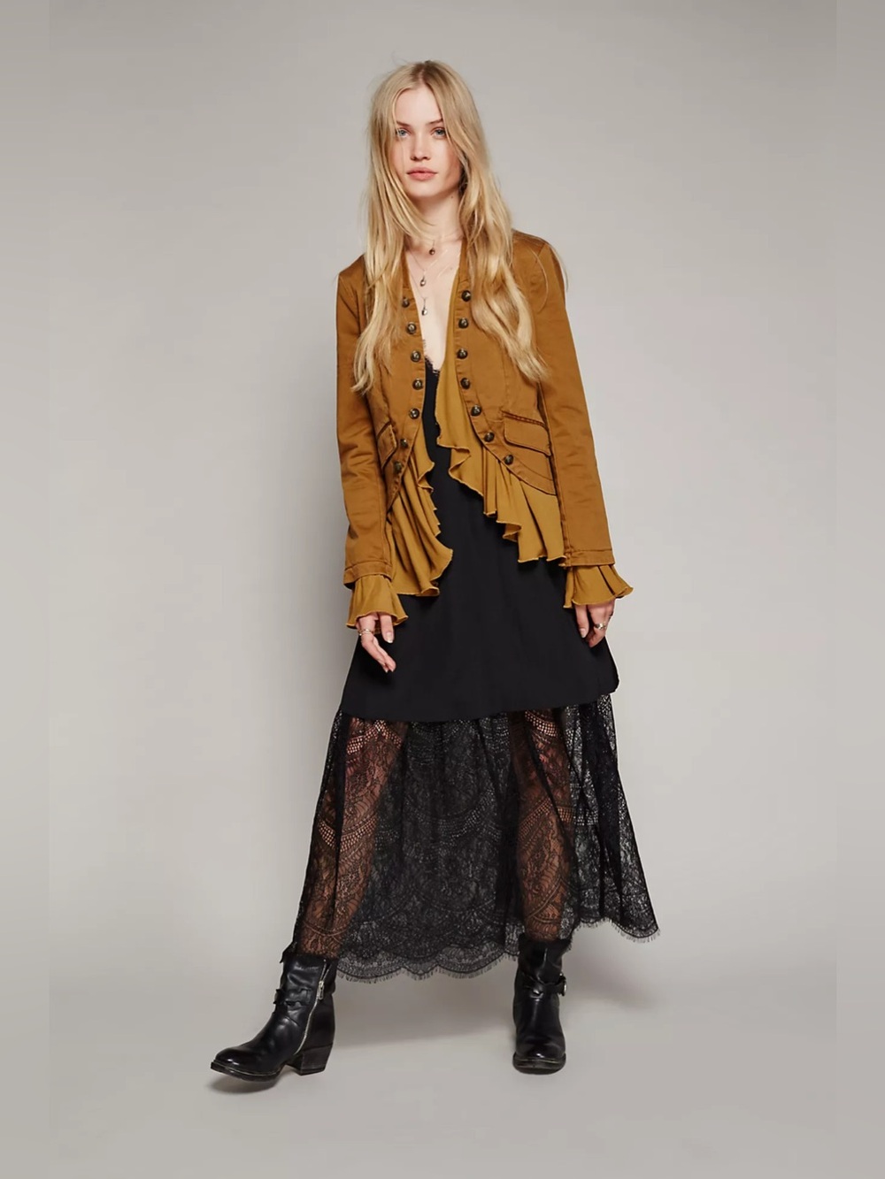 Free People Ruffle Hem Military Jacket XS Mustard Brown Boho Victorian